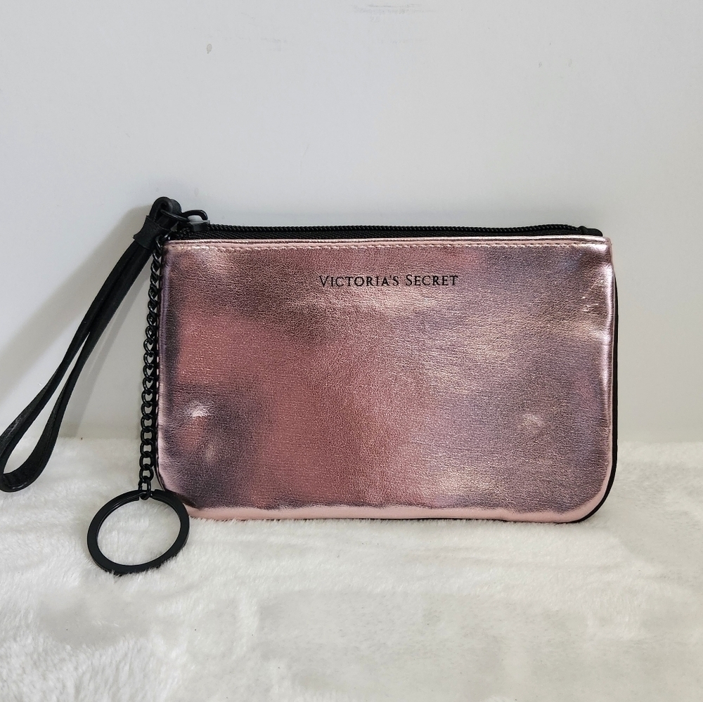 Victoria's Secret VS Logo Shimmer Light Pink Zipper Pouch Clutch Wristlet Bag
